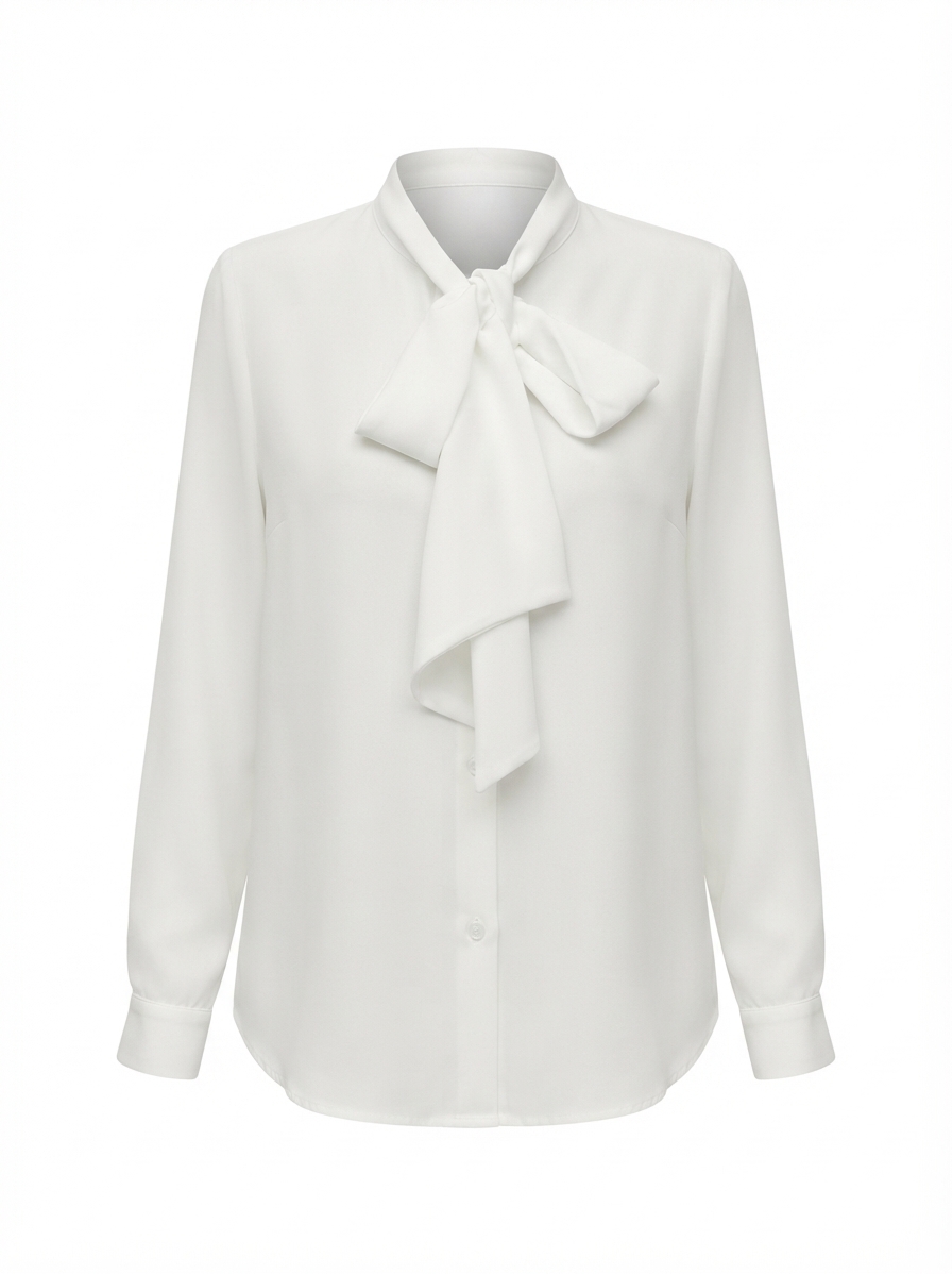Bluza alba de dama cu maneca lunga si esarfa la gat.