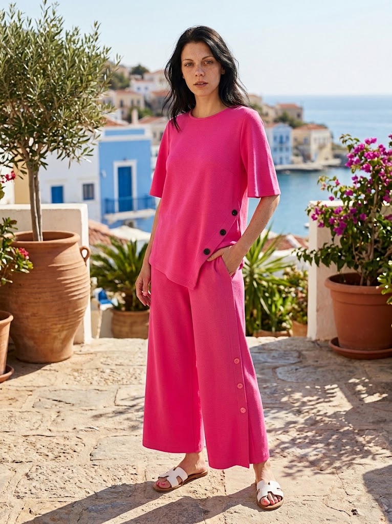 Costum dama roz fucsia din bluza asimetrica si pantaloni largi cu nasturi decorativi