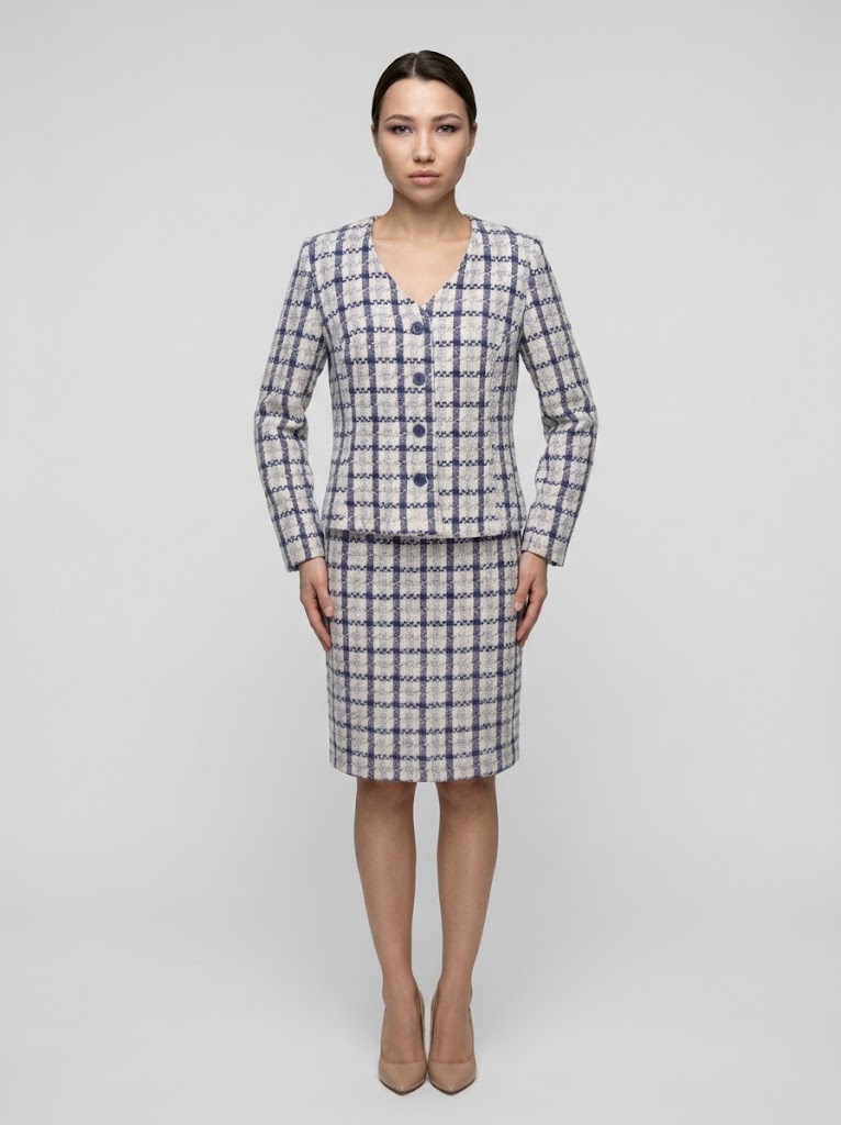 Costum tweed dama cu sacou scurt si fusta creion in carouri albastre si crem
