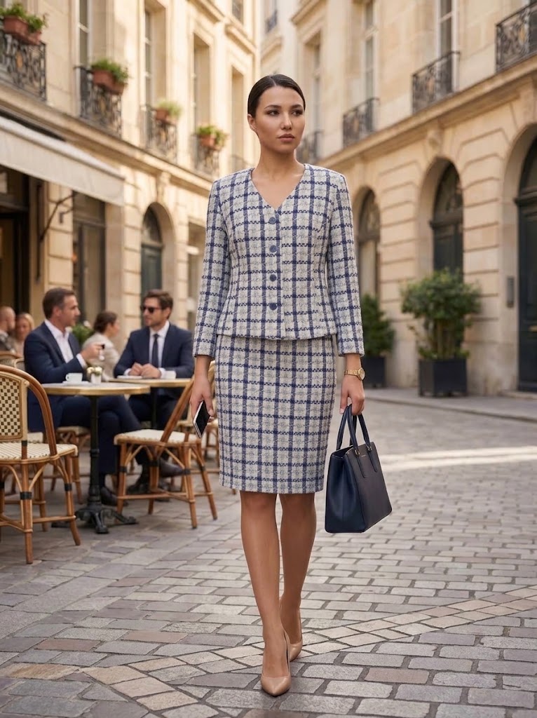 Costum tweed dama cu sacou scurt si fusta creion in carouri albastre si crem