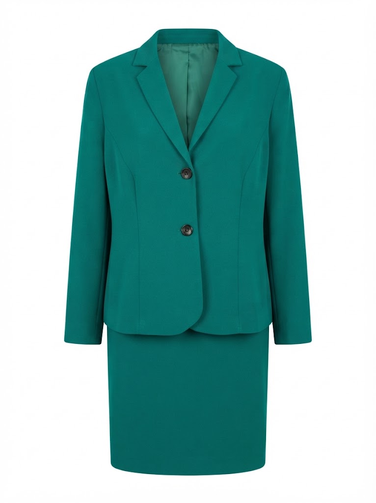 Costum verde de dama cu sacou cu nasturi si fusta