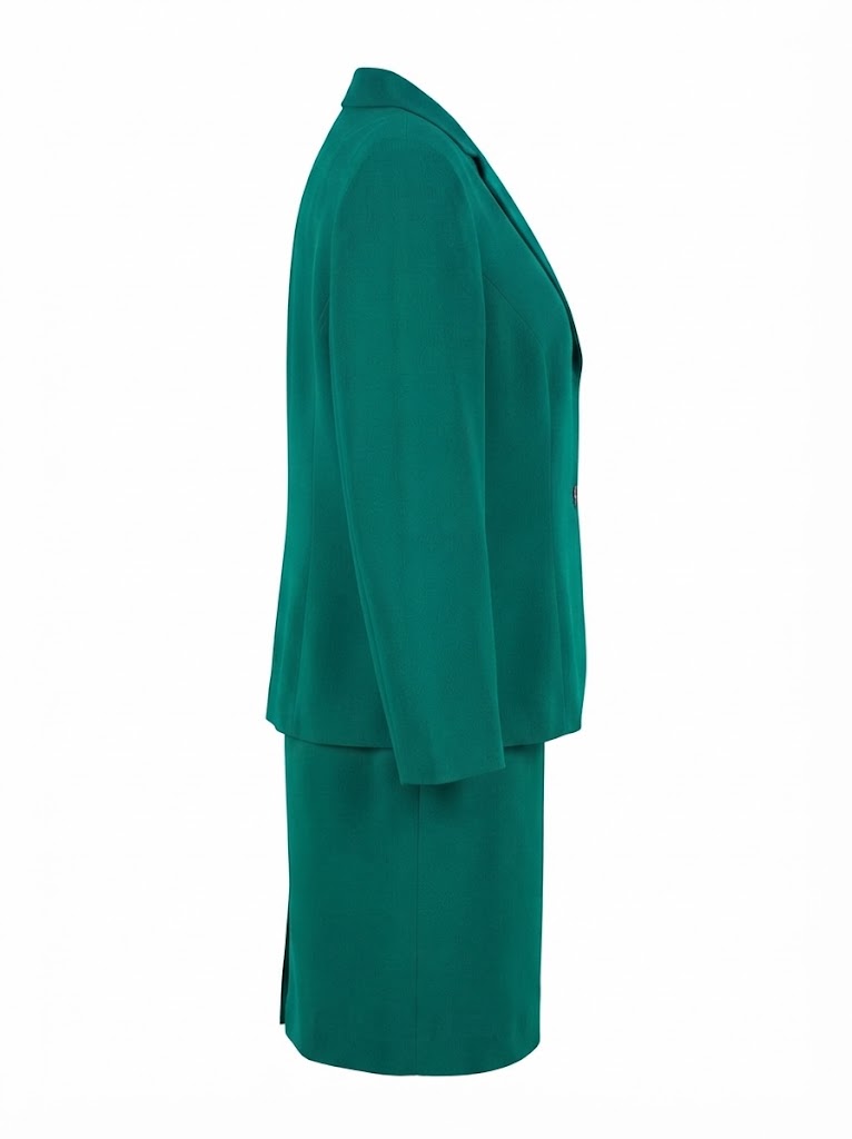 Costum verde de dama cu sacou cu nasturi si fusta