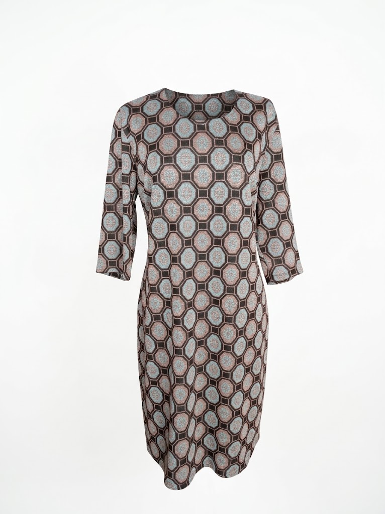 Rochie dama cu imprimeu geometric octogonal, decolteu rotund si maneci trei sferturi Rochie dama cu imprimeu geometric octogonal, decolteu rotund si maneci trei sferturi