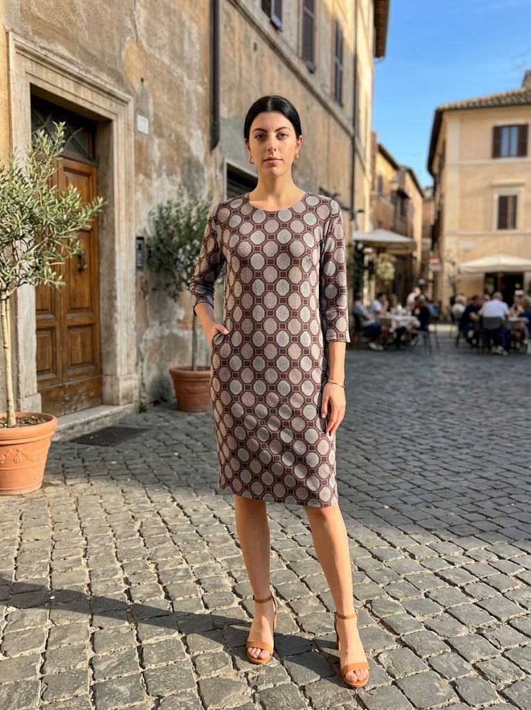 Rochie dama cu imprimeu geometric octogonal, decolteu rotund si maneci trei sferturi