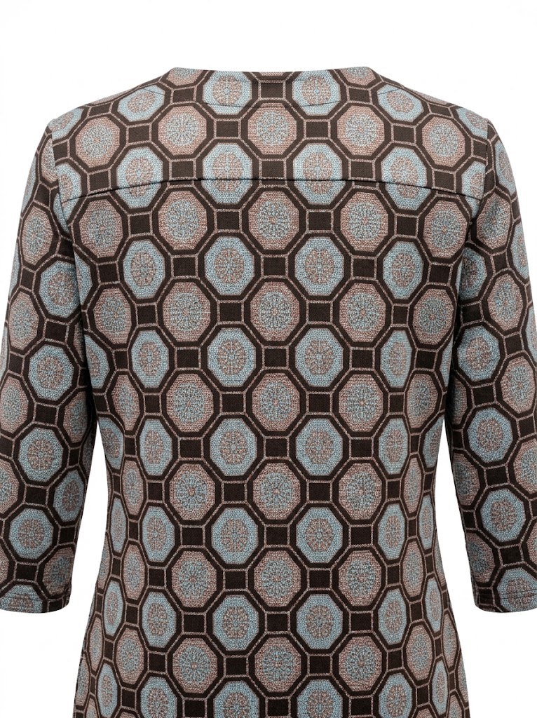 Rochie dama cu imprimeu geometric octogonal, decolteu rotund si maneci trei sferturi