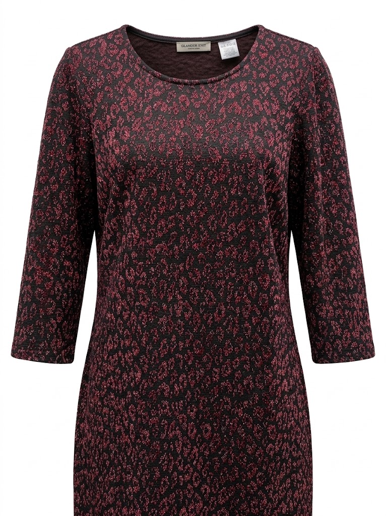 Rochie dama tricotata cu imprimeu leopard bordo, maneci trei sferturi si decolteu rotund Rochie dama tricotata cu imprimeu leopard bordo, maneci trei sferturi si decolteu rotund