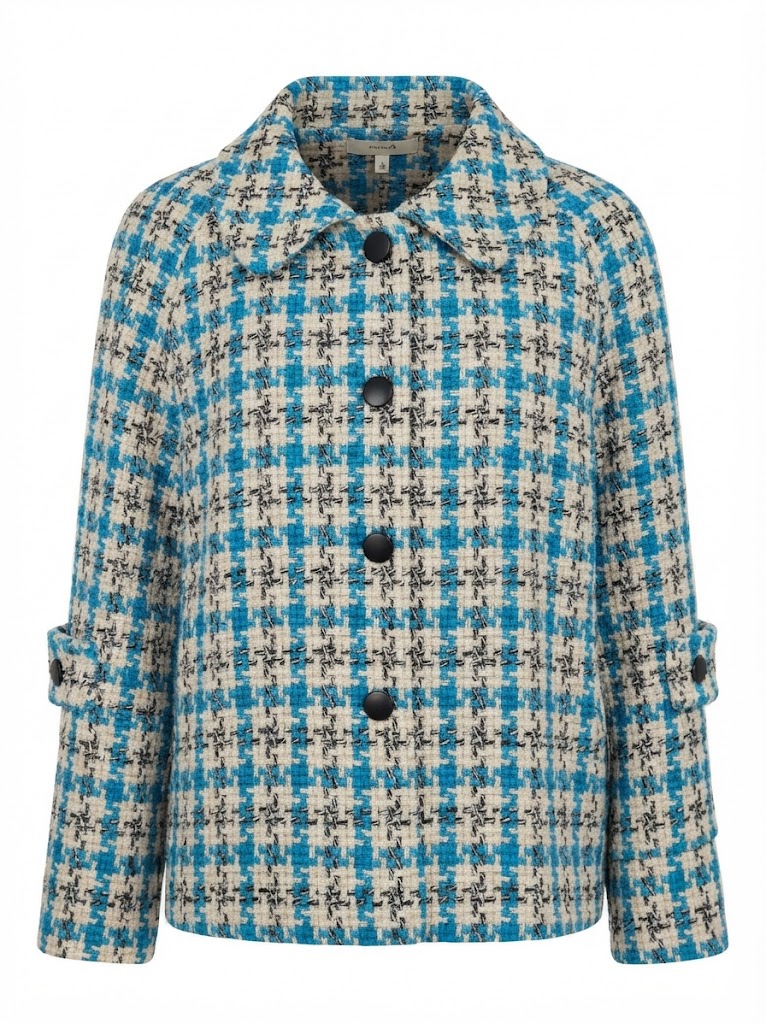 Sacou scurt dama din stofa cu model houndstooth albastru si nasturi negri