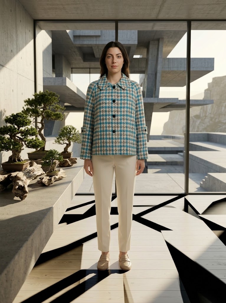 Sacou scurt dama din stofa cu model houndstooth albastru si nasturi negri