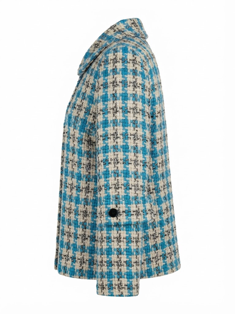 Sacou scurt dama din stofa cu model houndstooth albastru si nasturi negri