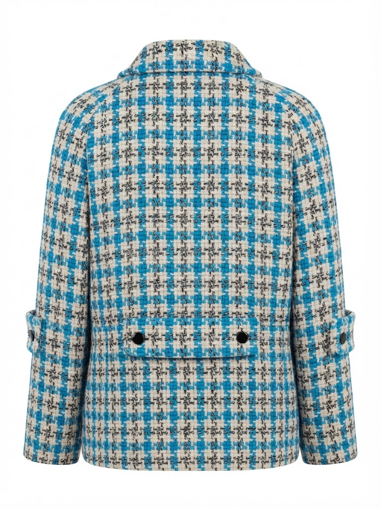 Sacou scurt dama din stofa cu model houndstooth albastru si nasturi negri