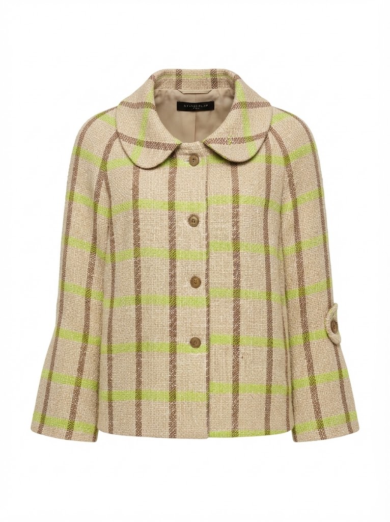 Sacou scurt dama din tweed cu carouri multicolor si guler rotund