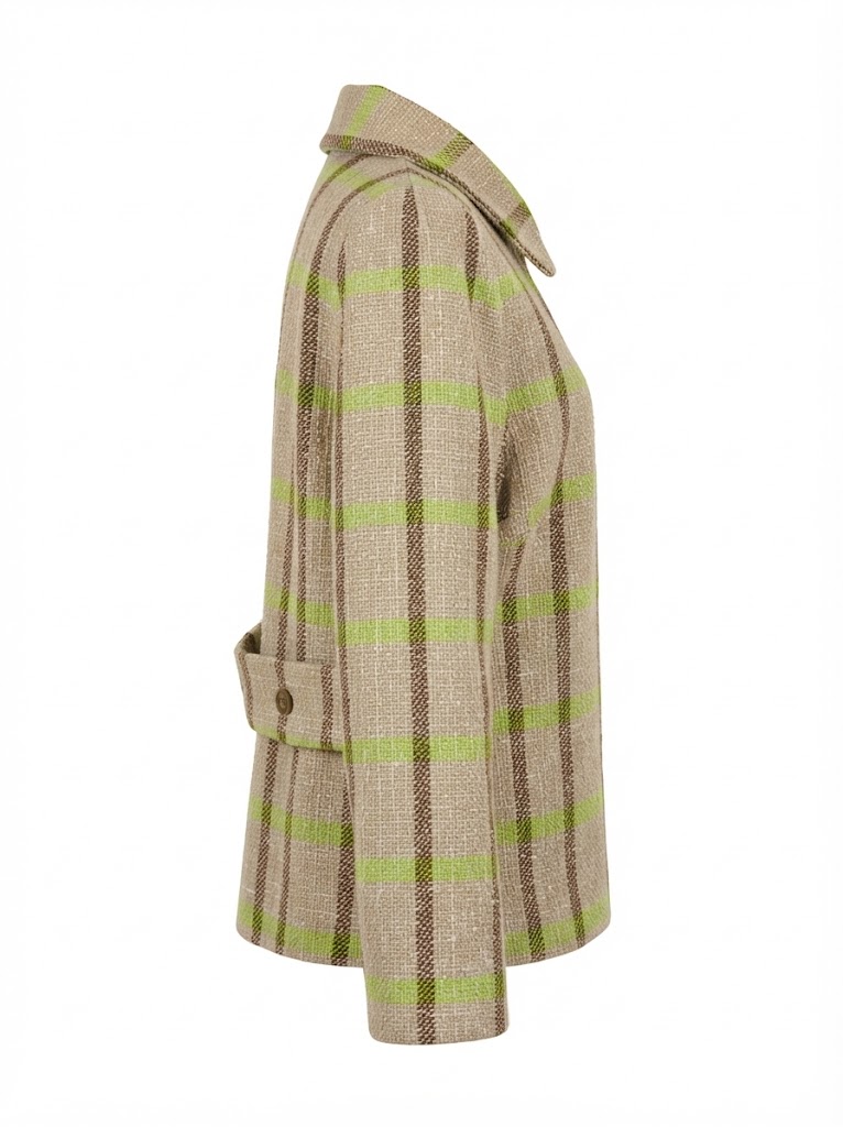 Sacou scurt dama din tweed cu carouri multicolor si guler rotund