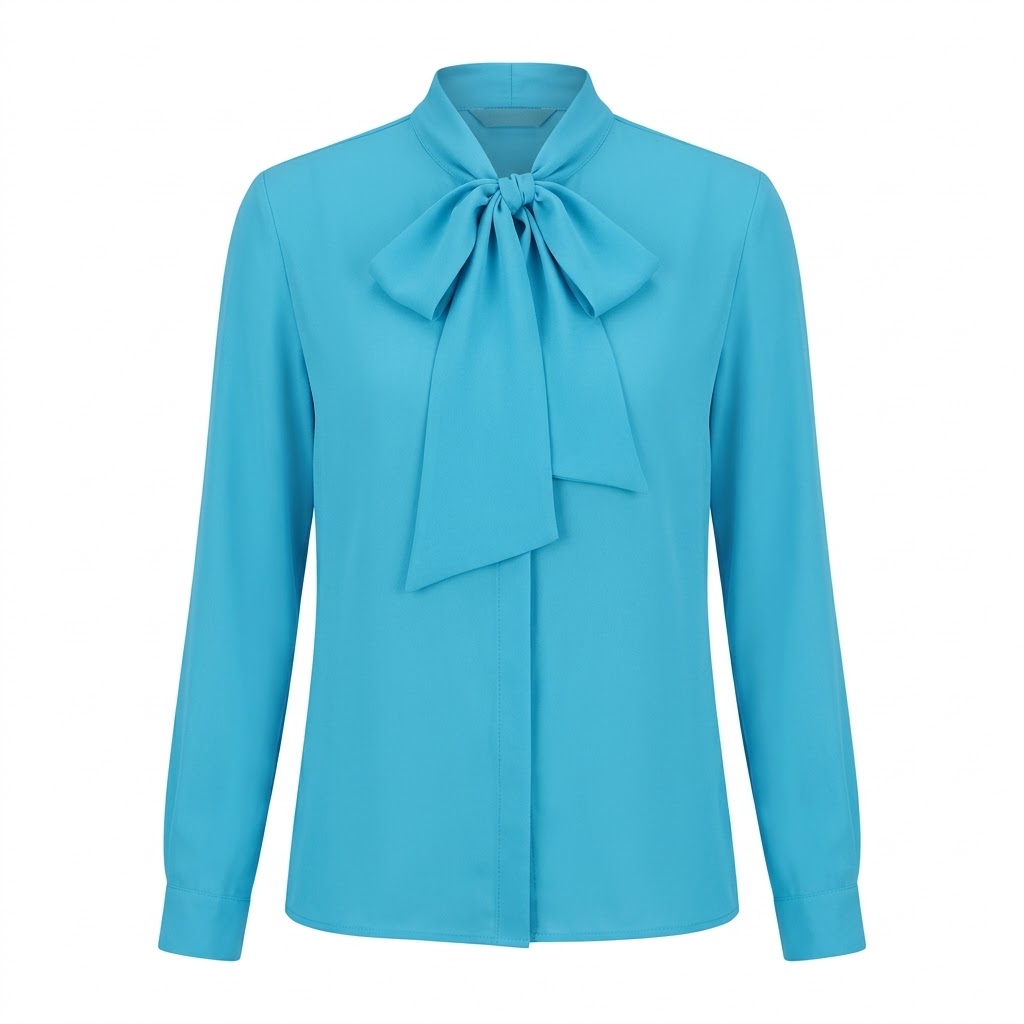 Bluza albastra dama eleganta cu esarfa la gat si maneci lungi