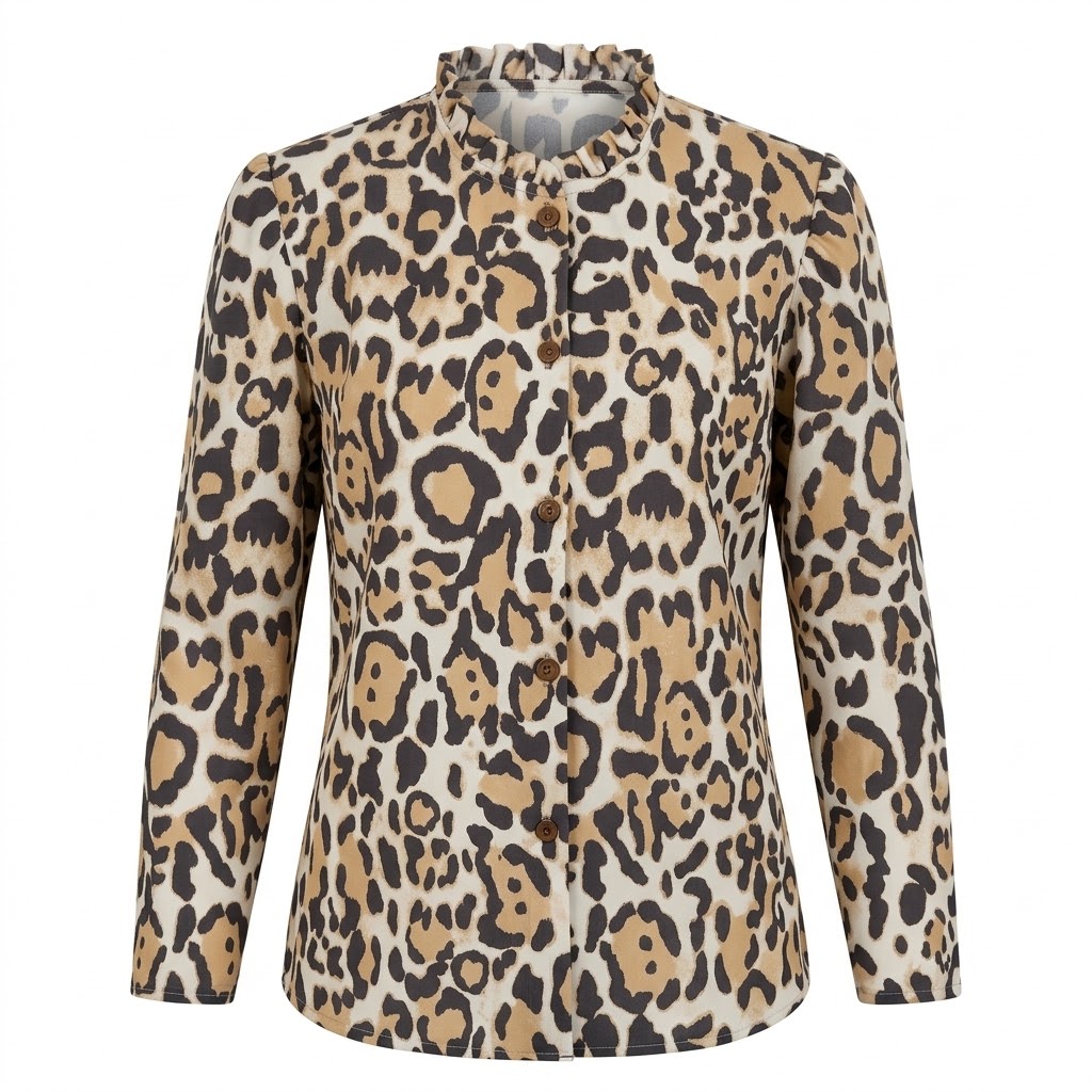 Bluza dama bej animal print guler volan nasturi maro maneci lungi