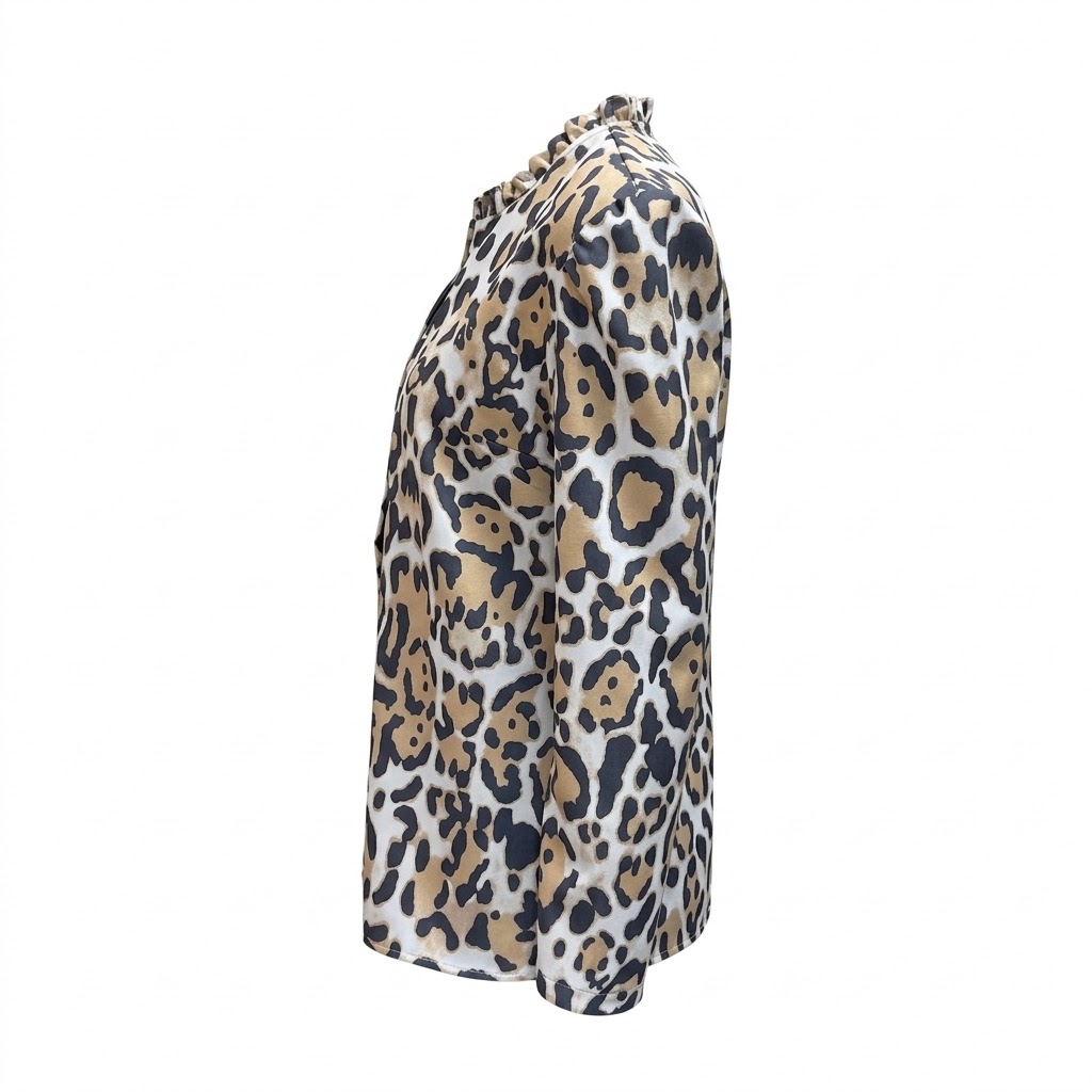 Bluza dama bej animal print guler volan nasturi maro maneci lungi