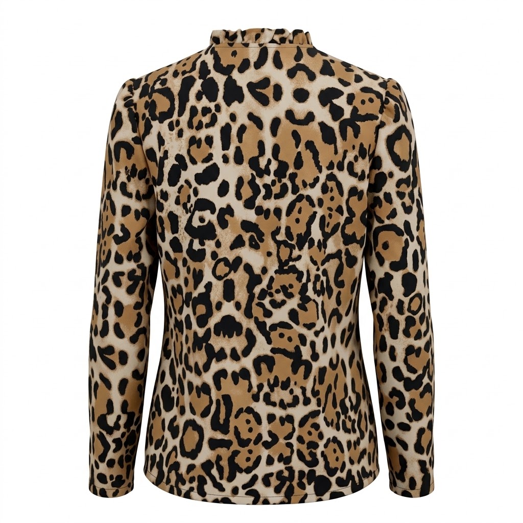 Bluza dama bej animal print guler volan nasturi maro maneci lungi