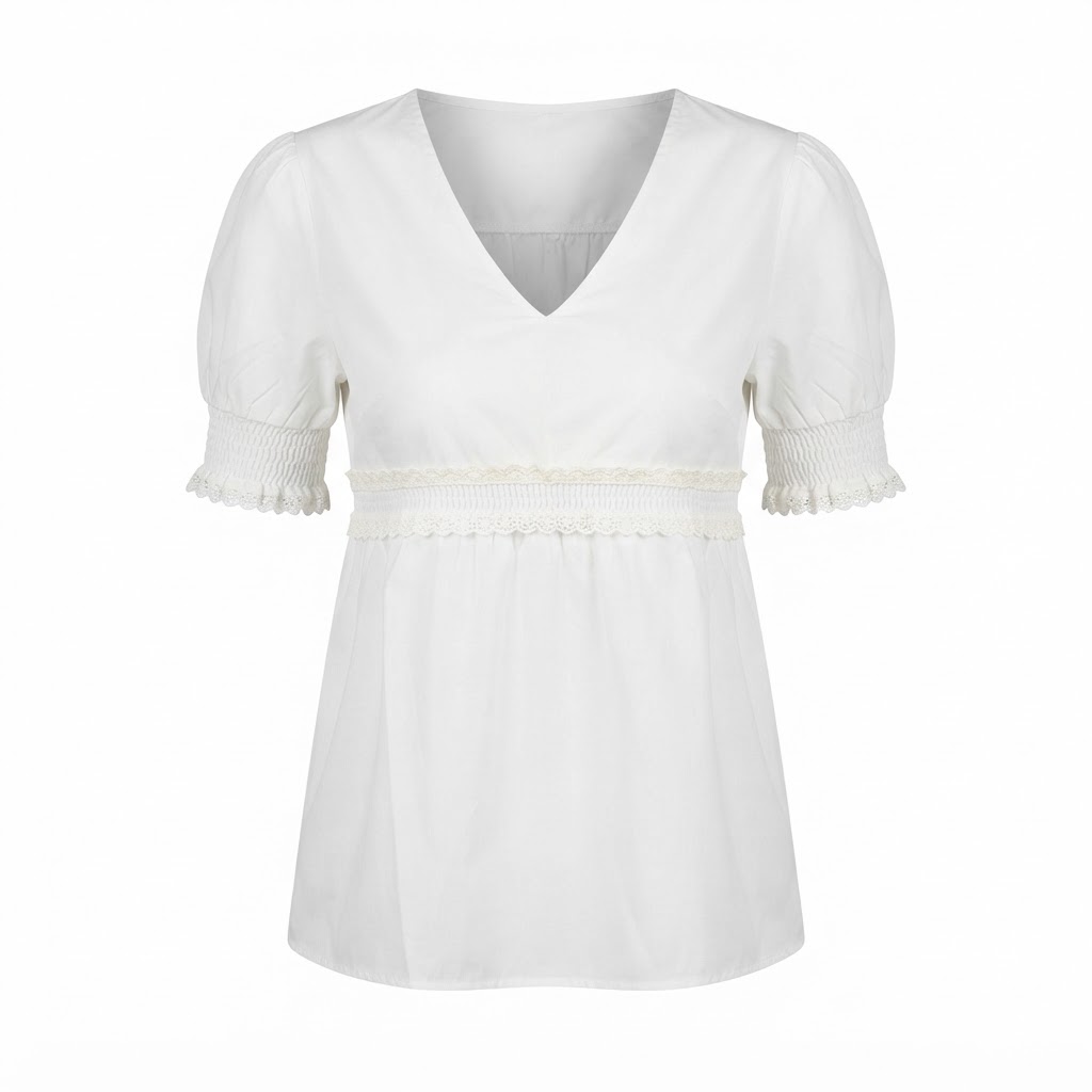 Bluza alba de dama cu decolteu in V si maneci bufante cu dantela