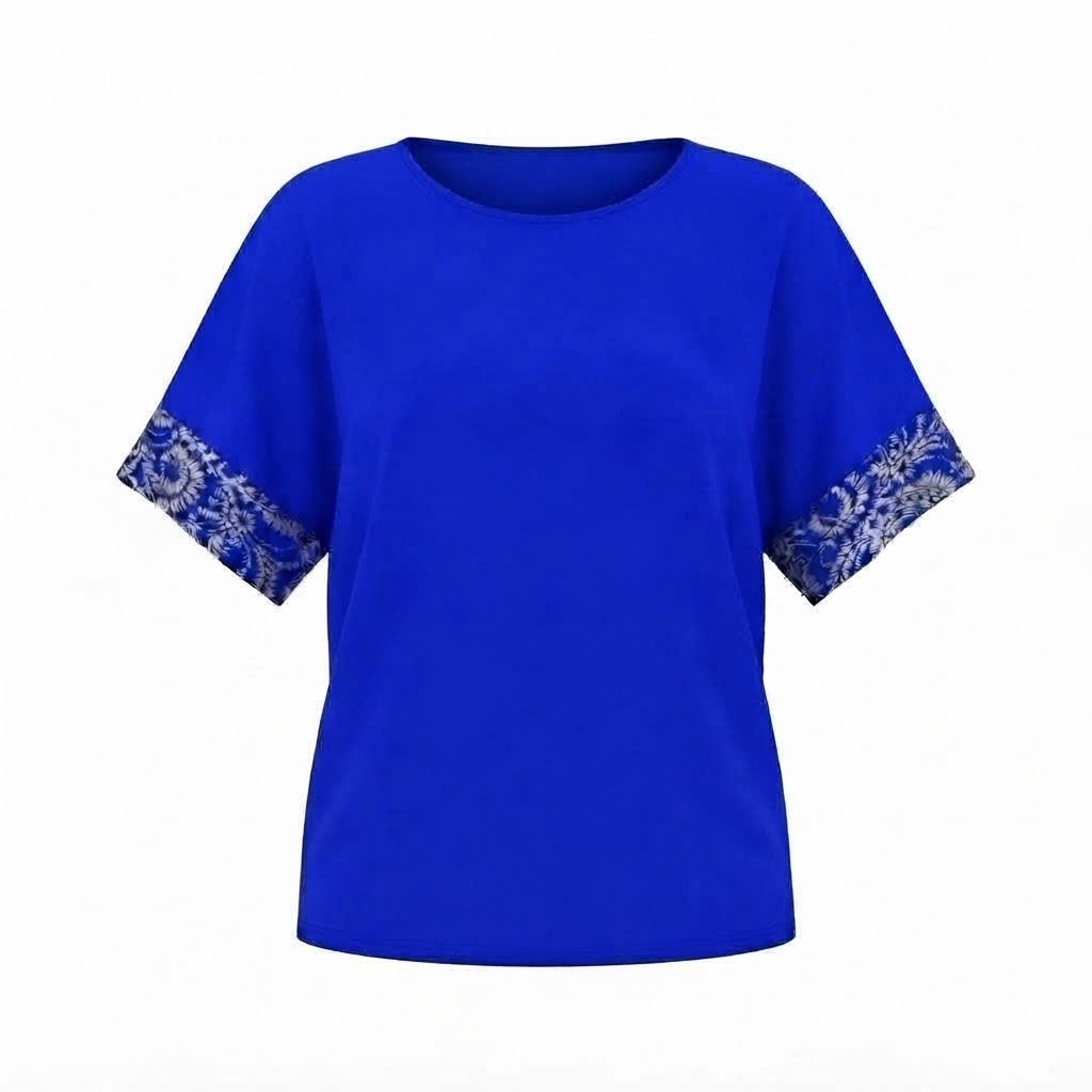 Bluza dama albastra cu maneci scurte si insertii din dantela