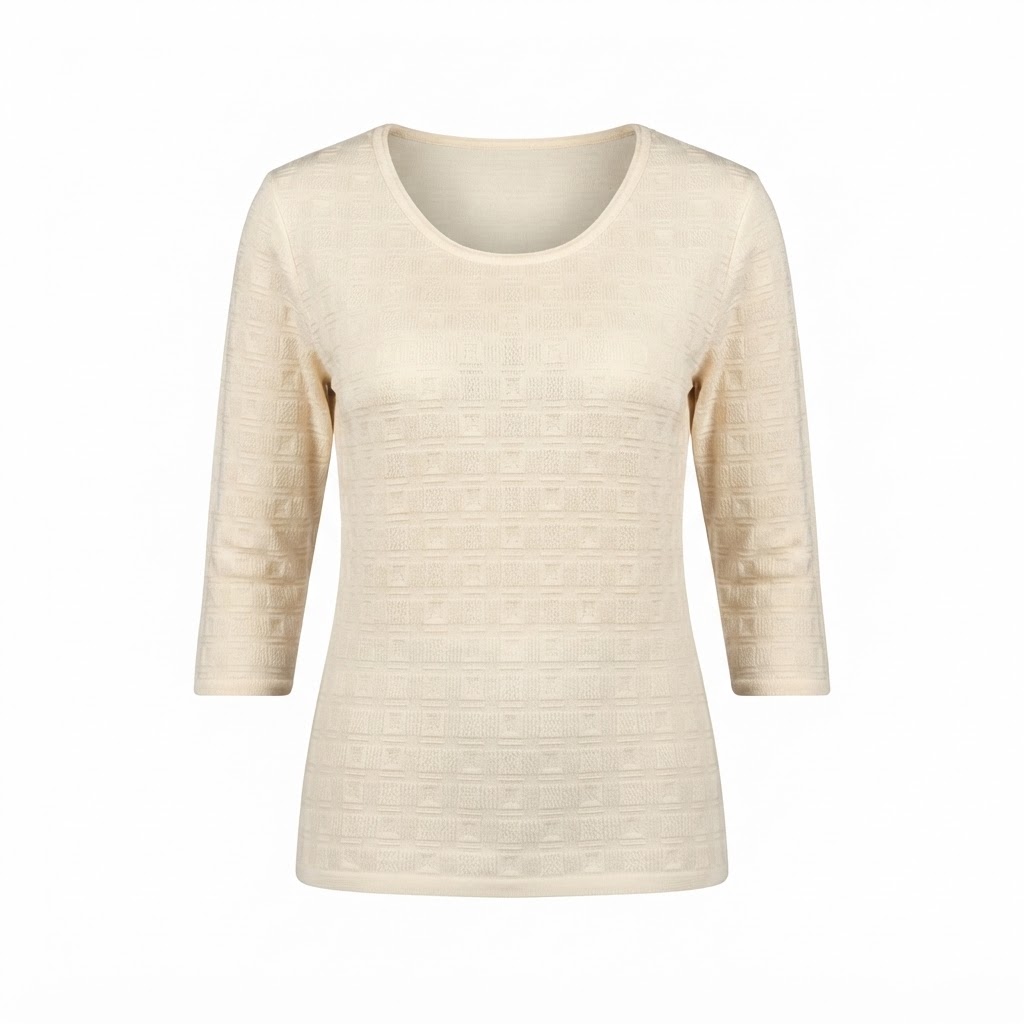 Bluza dama bej cu maneca trei sferturi si textura geometrica pe fond deschis