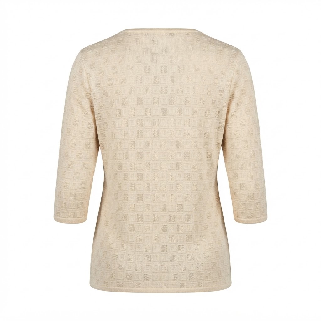Bluza dama bej cu maneca trei sferturi si textura geometrica pe fond deschis