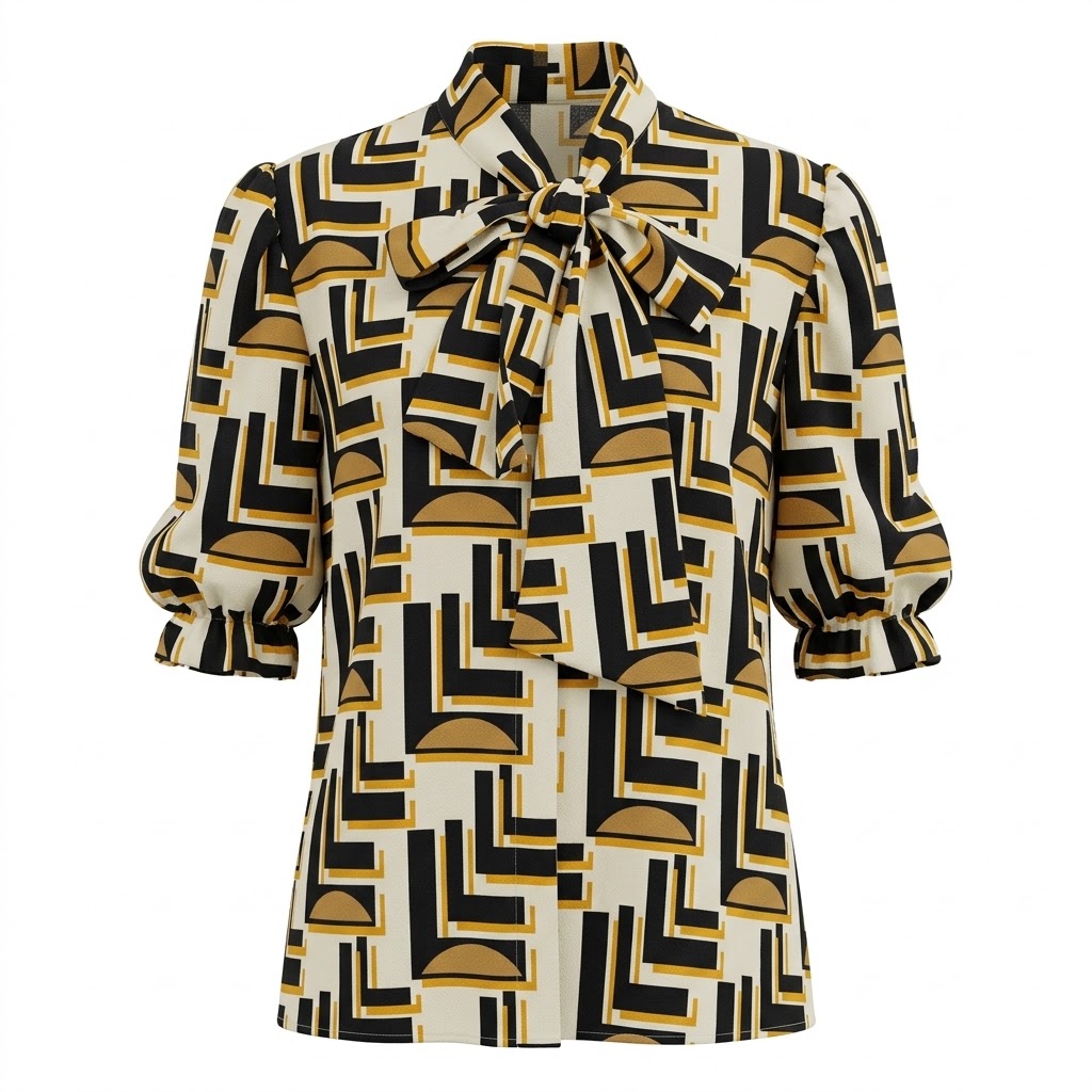 Bluza dama imprimeu geometric guler esarfa maneci bufante
