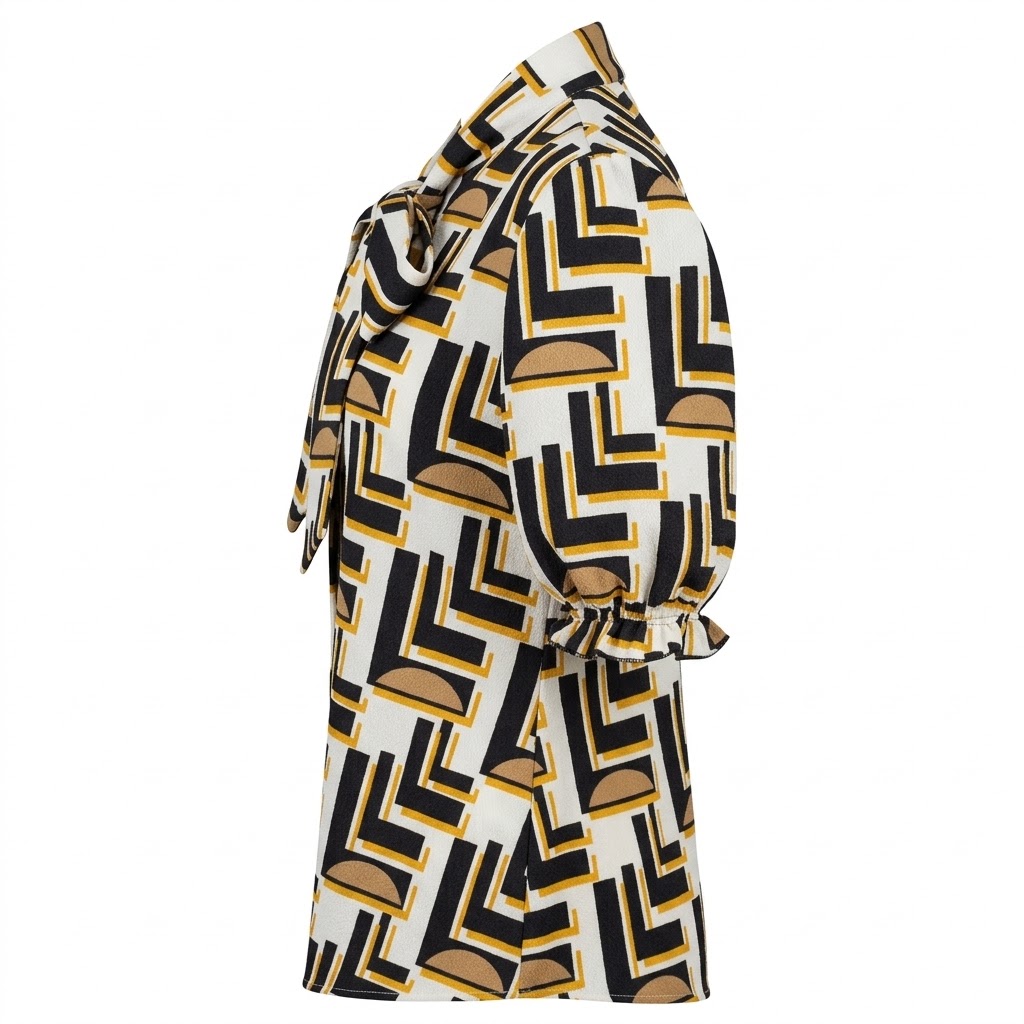 Bluza dama imprimeu geometric guler esarfa maneci bufante
