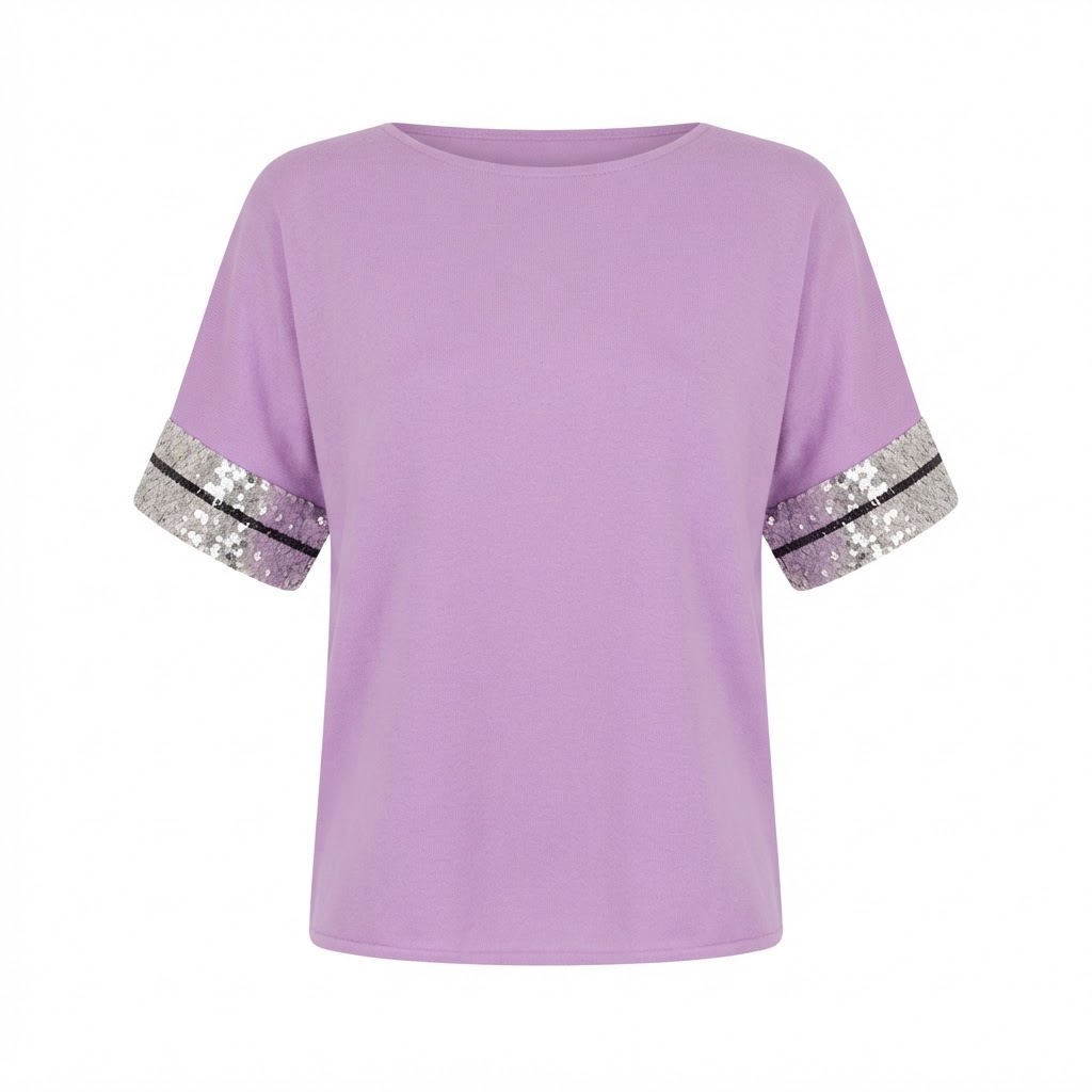Bluza dama lila cu maneci scurte decorate cu paiete argintii