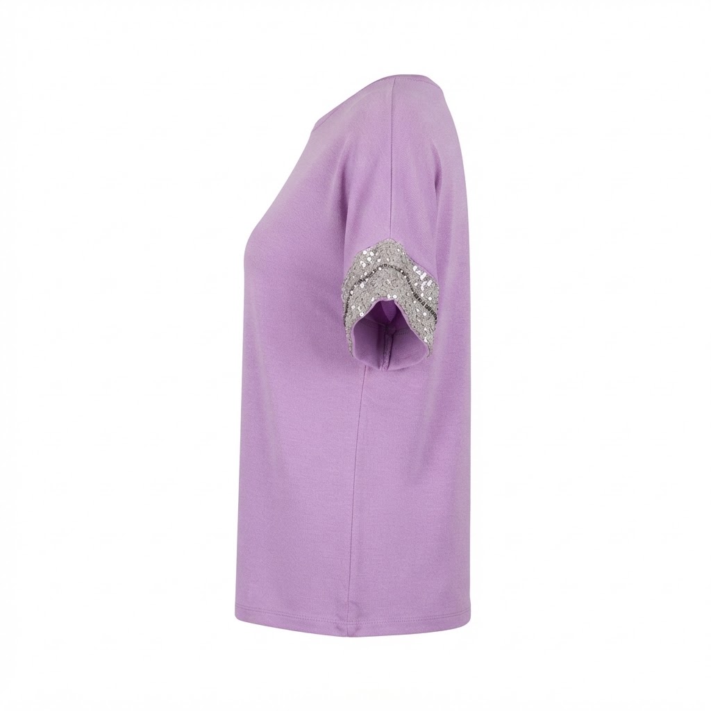 Bluza dama lila cu maneci scurte decorate cu paiete argintii