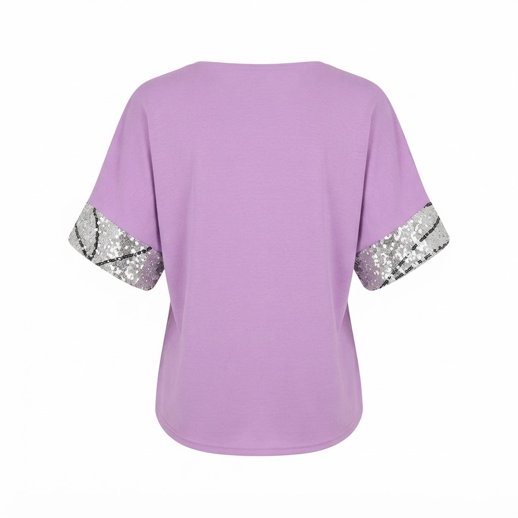 Bluza dama lila cu maneci scurte decorate cu paiete argintii