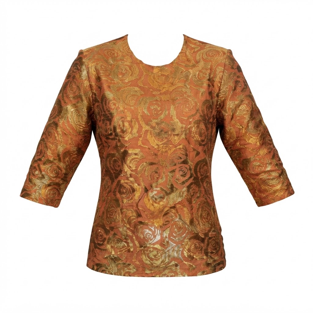 Bluza dama din brocart cupru cu imprimeu floral auriu si maneci trei sferturi