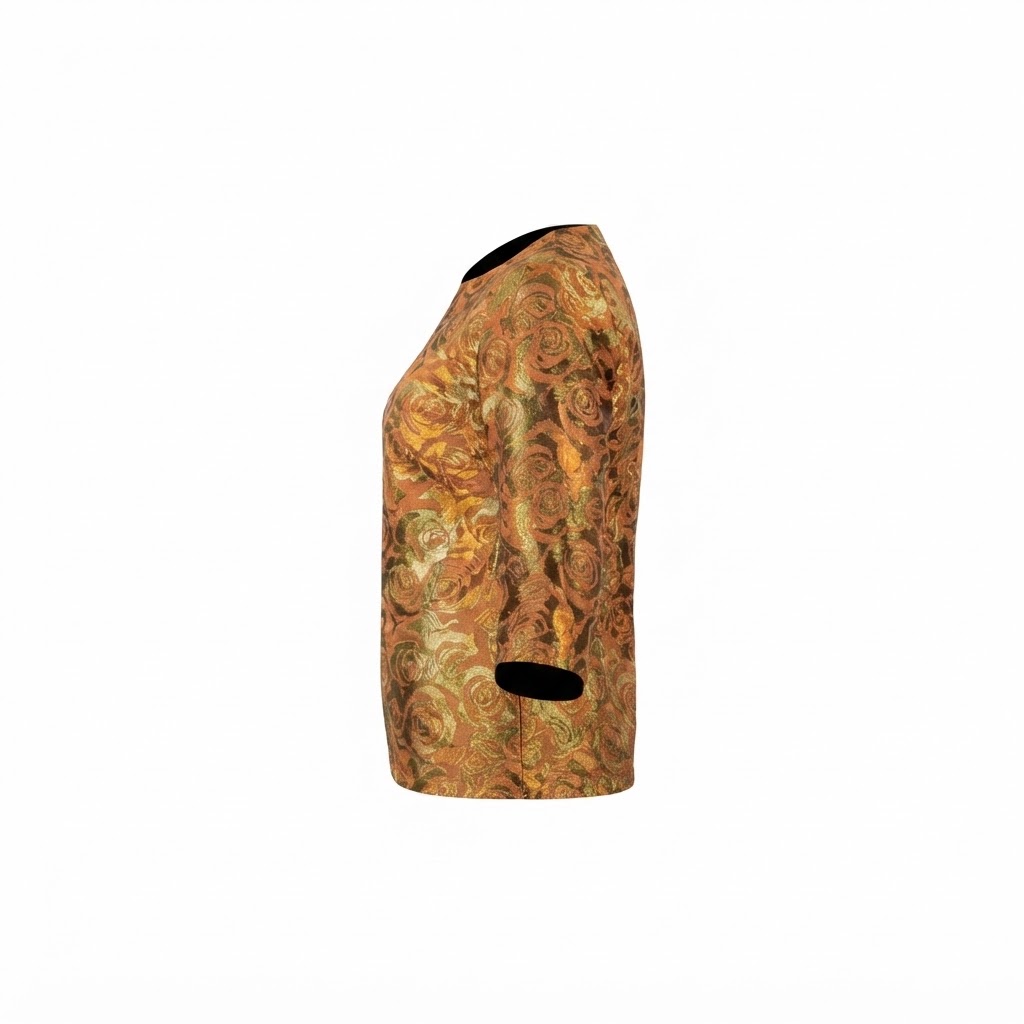Bluza dama din brocart cupru cu imprimeu floral auriu si maneci trei sferturi