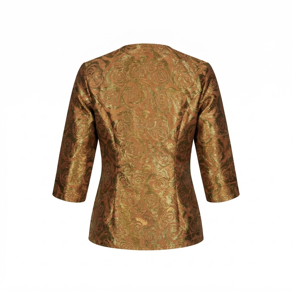 Bluza dama din brocart cupru cu imprimeu floral auriu si maneci trei sferturi
