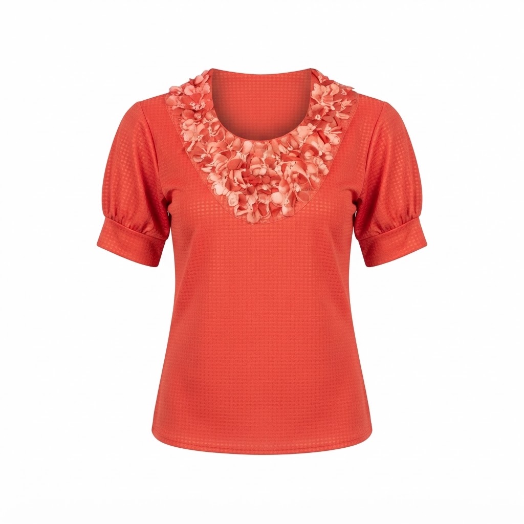 Bluza dama rosie cu maneci scurte si guler cu aplicatii florale texturate