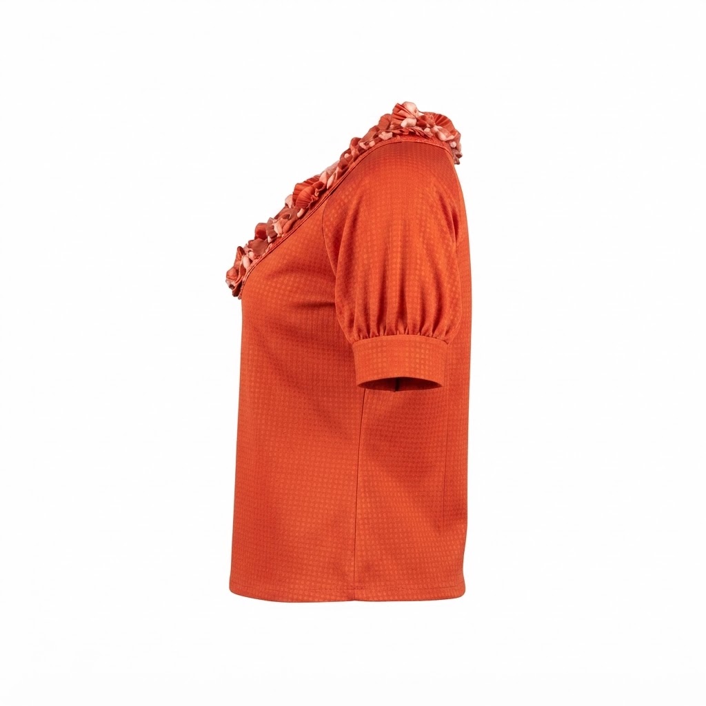 Bluza dama rosie cu maneci scurte si guler cu aplicatii florale texturate