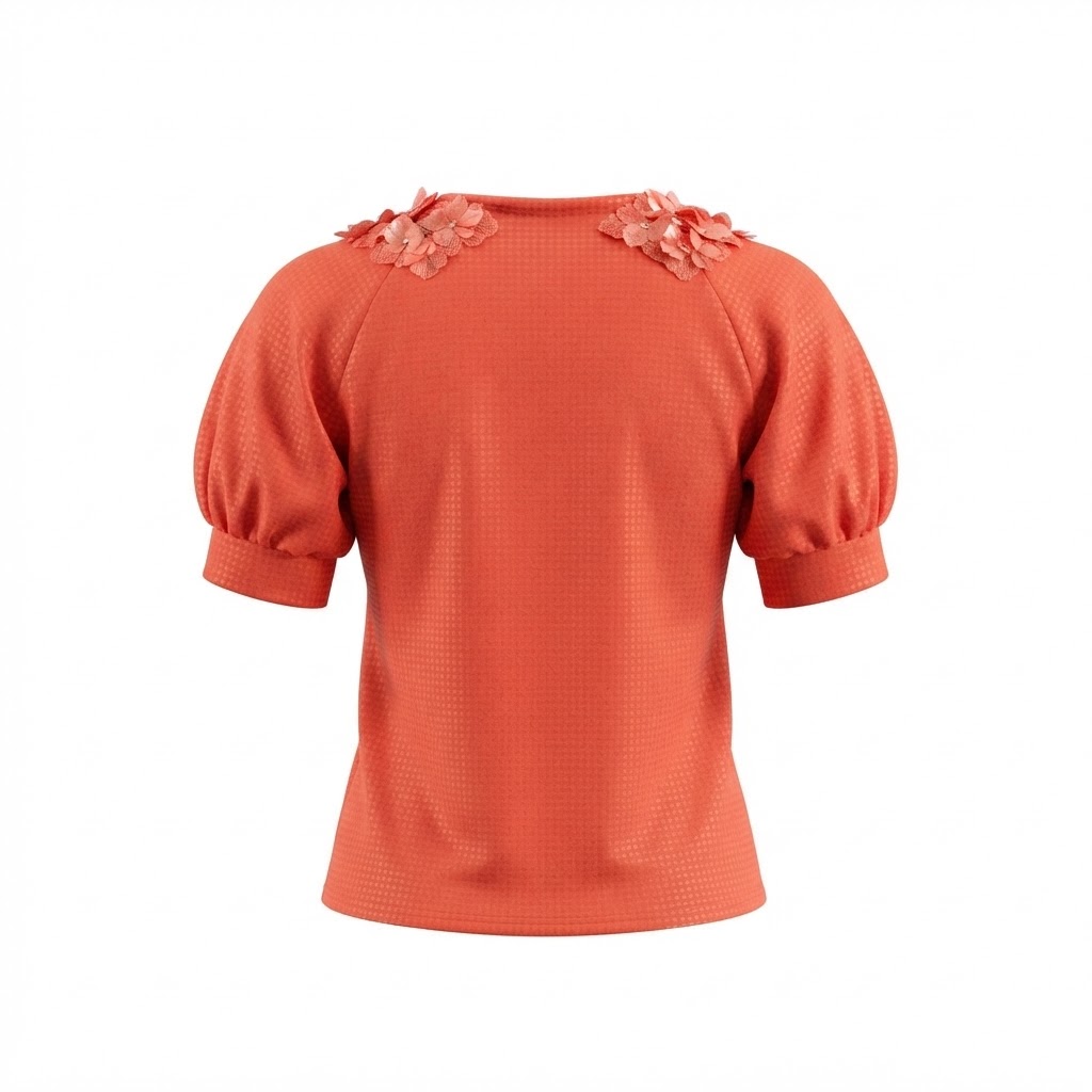 Bluza dama rosie cu maneci scurte si guler cu aplicatii florale texturate