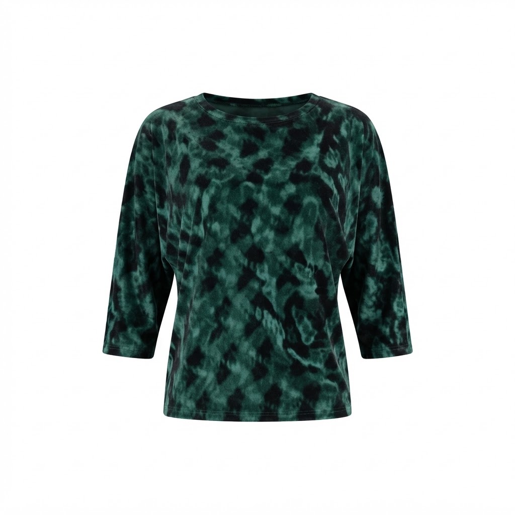 Bluza dama verde din catifea cu imprimeu si maneci trei sferturi