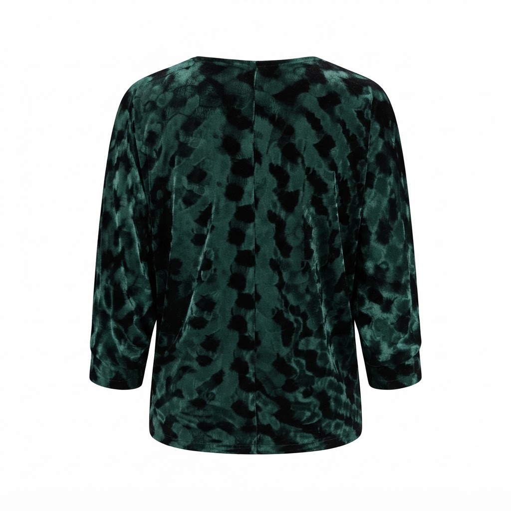 Bluza dama verde din catifea cu imprimeu si maneci trei sferturi