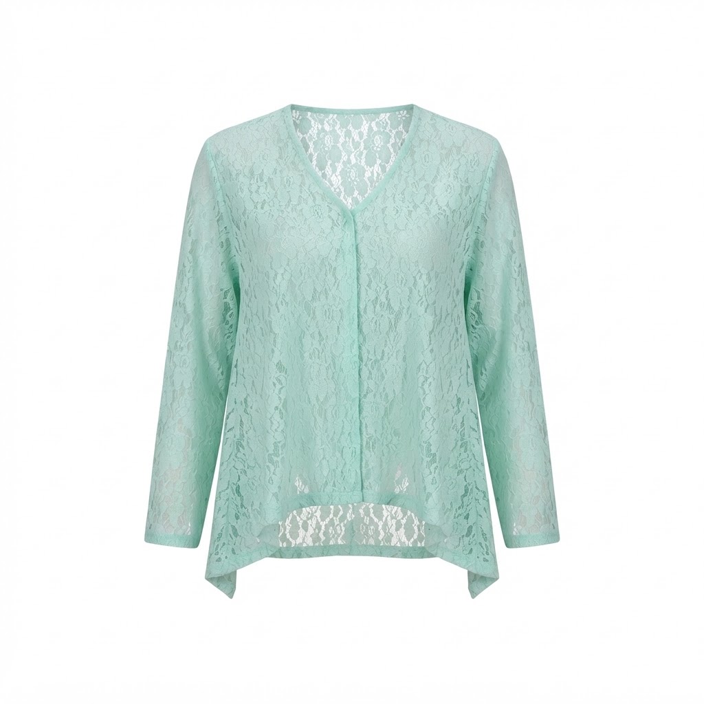 Bluza dama din dantela verde menta cu maneca lunga si croiala asimetrica