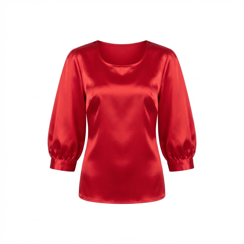 Bluza rosie din satin cu maneci bufante si decolteu rotund