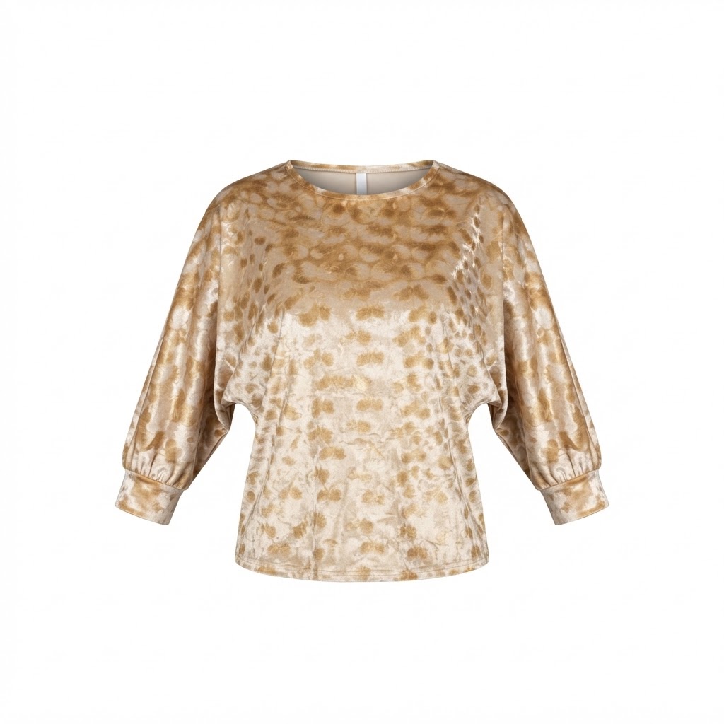 Bluza de dama din catifea bej cu imprimeu leopard si maneci lungi