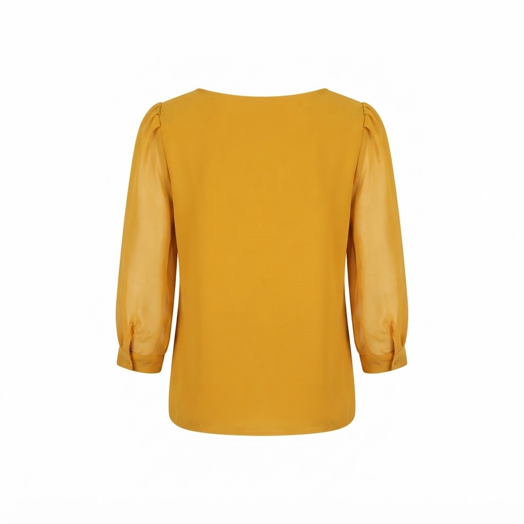Bluza dama galbena cu maneci bufante si decolteu rotund pe fond alb