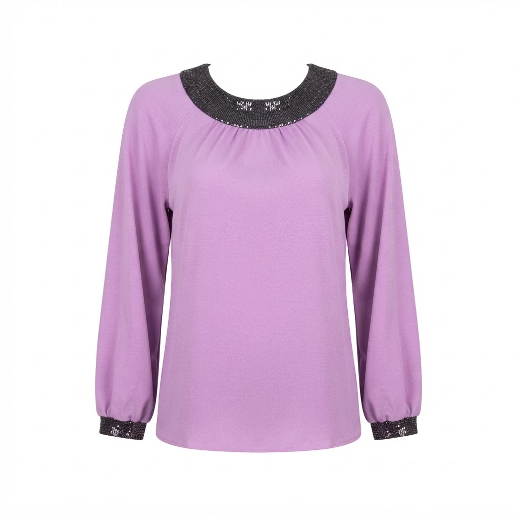 Bluza dama lila cu maneci lungi si guler rotund decorat cu paiete negre