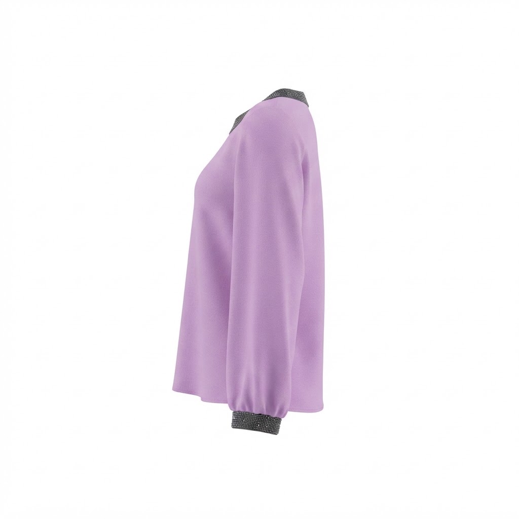 Bluza dama lila cu maneci lungi si guler rotund decorat cu paiete negre