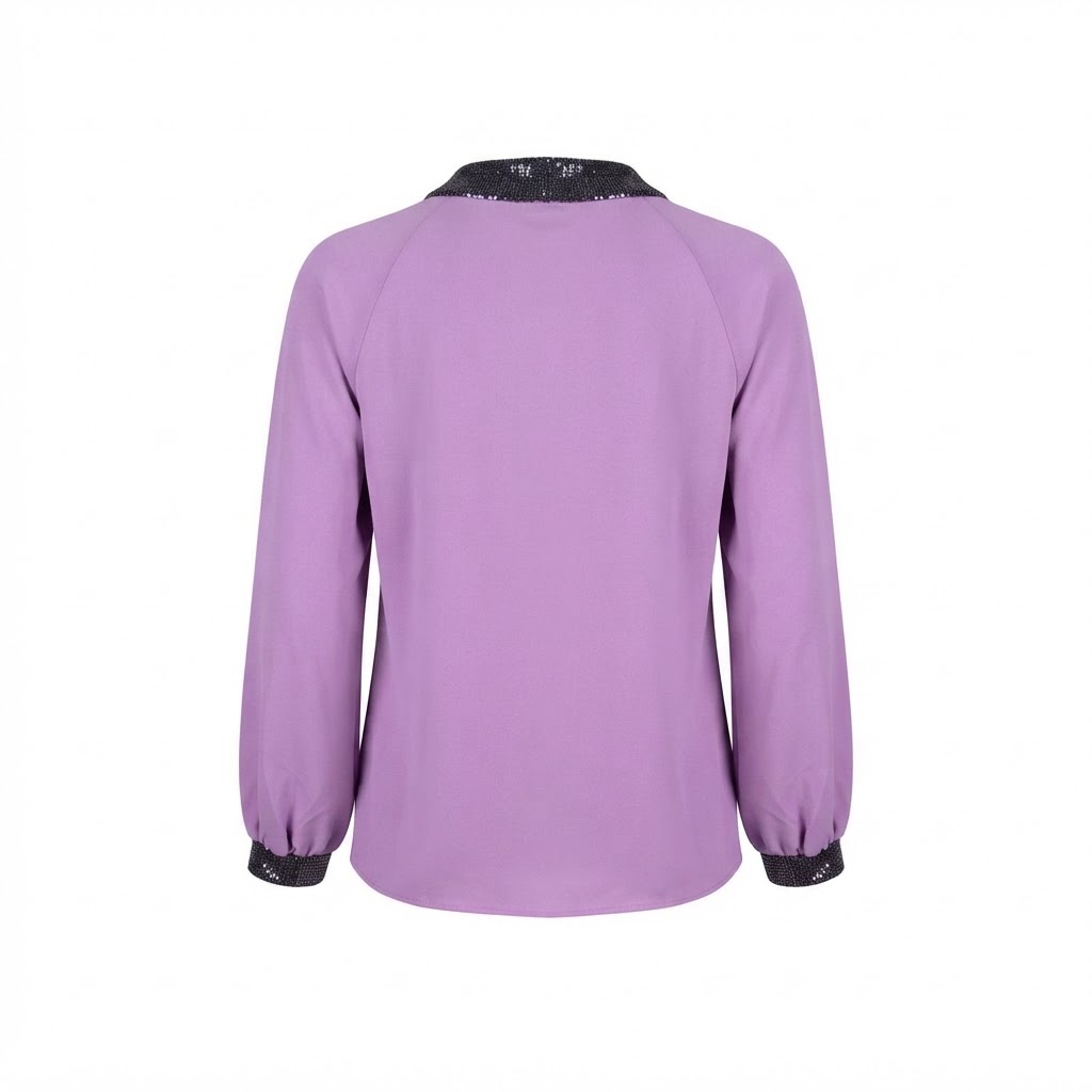 Bluza dama lila cu maneci lungi si guler rotund decorat cu paiete negre