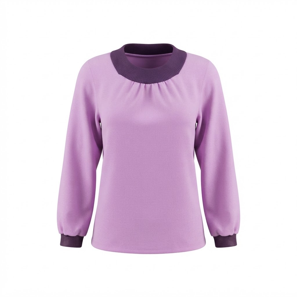 Bluza dama lila cu guler rotund lat si maneci lungi cu mansete contrastante