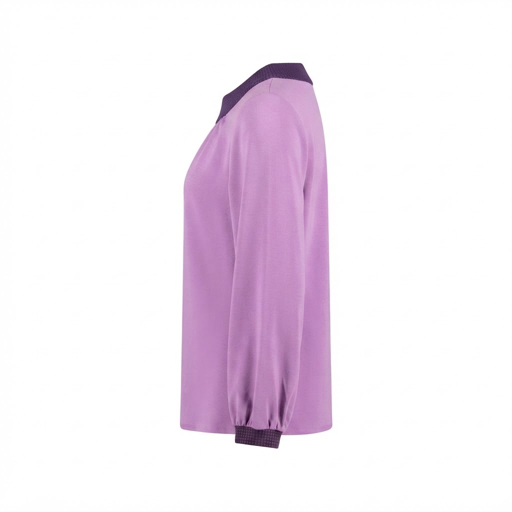 Bluza dama lila cu guler rotund lat si maneci lungi cu mansete contrastante