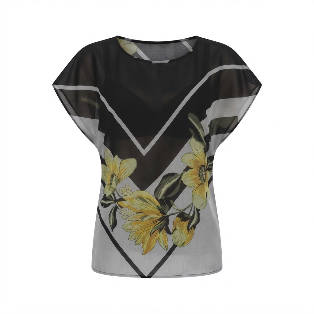 Bluza dama neagra cu maneca scurta si imprimeu floral galben