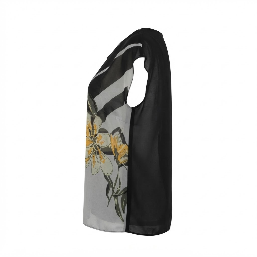 Bluza dama neagra cu maneca scurta si imprimeu floral galben