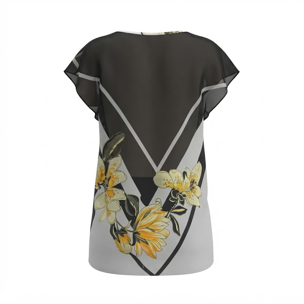 Bluza dama neagra cu maneca scurta si imprimeu floral galben