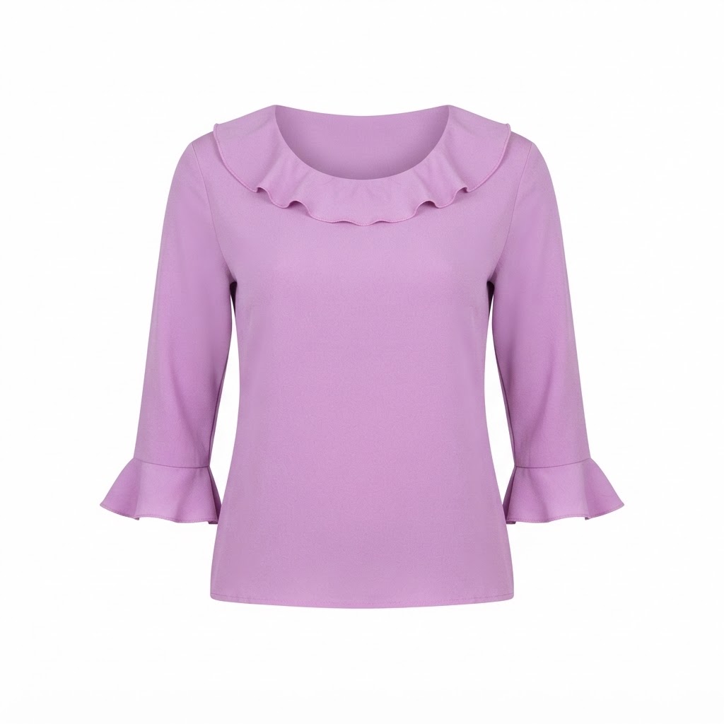 Bluza dama mov cu volane la guler si maneci trei sferturi